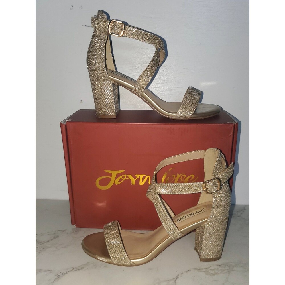 JOY IN LOVE Womens 6 Gold Glitter Chunky Block High Heels Ankle Strap GUC